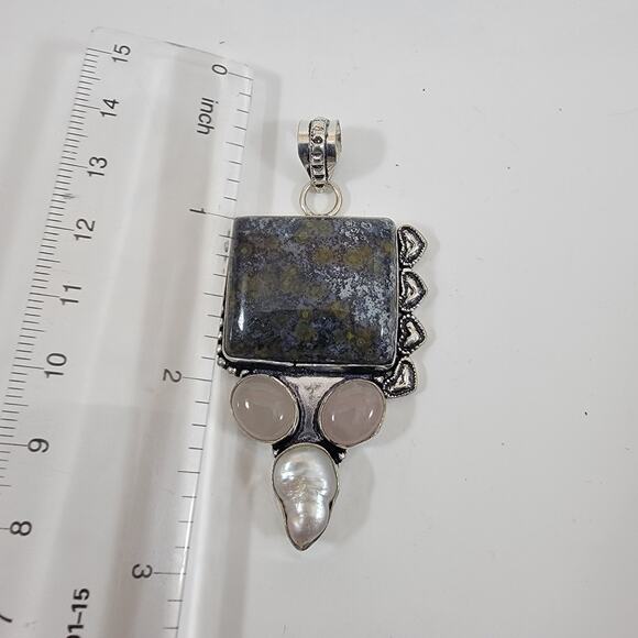 Handmade Silver Pendant with Ocean Jasper, Rose Quartz & Pearl - Picture 8 of 10